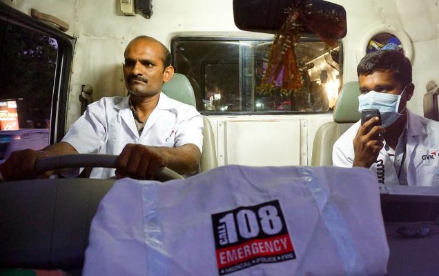 Driver Narasaiah (left) and Emergency Medical Technician Bhumchander (not in picture) helped deliver the baby of a woman in the 108 van on Monday. Photo: Satyanarayana Gola / The Hindu